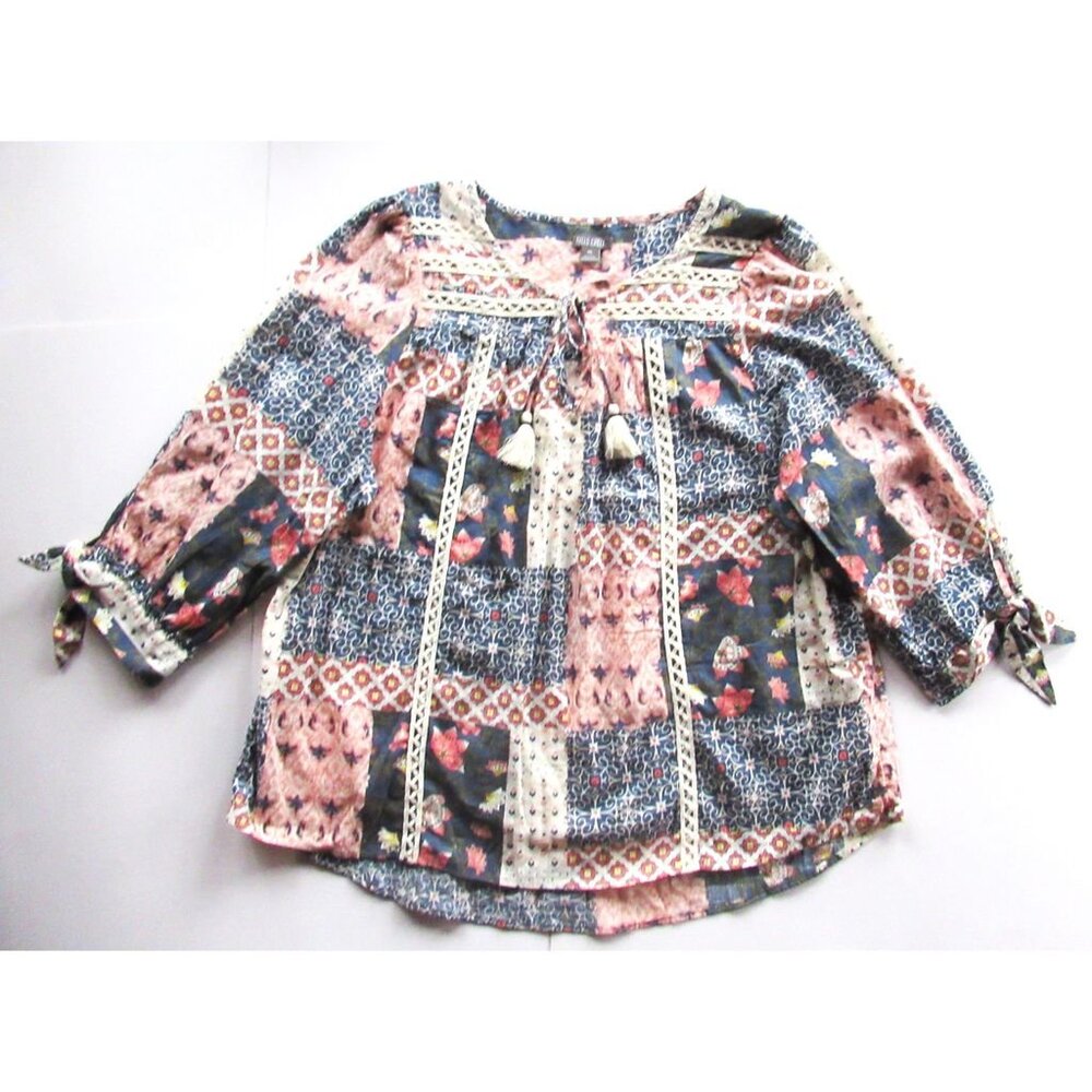 Falls Creek Women Blouse Floral Patchwork BOHO Peasant Multicolor Tassels Cotton